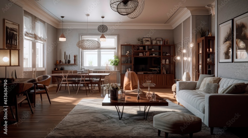 Interior of living room with high ceilings, house in transitional style, design project of apartment decor. generative ai Interior of living room with high ceilings, house in transitional style, design project of apartment decor. generative ai