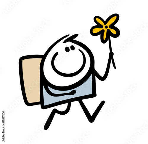 Happy schoolboy goes to school with flowers for the new academic year. Vector illustration of stickman, plants and education.