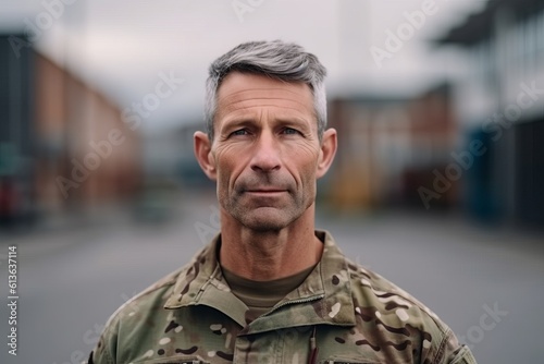 Portrait of mature man in military uniform looking away while standing outdoors