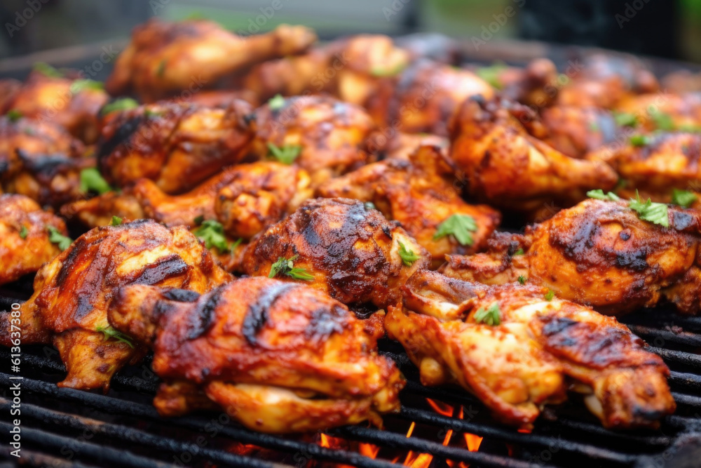 Closeup of chicken wings on a bbq grill. AI generative
