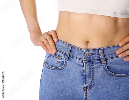 Young slim woman on white background. Diet concept