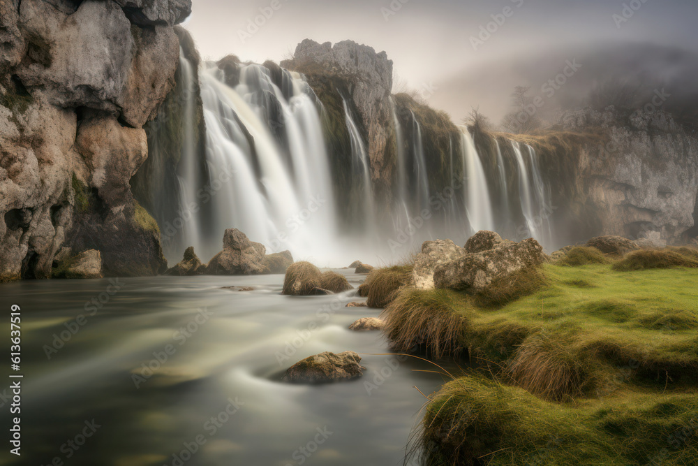A magnificent waterfall cascading down a rocky cliff, surrounded by lush greenery and mist, showcasing the raw power and beauty of nature A magnificent waterfall cascading down a rocky cliff, surrounded by lush greenery and mist, showcasing the raw power and beauty of nature