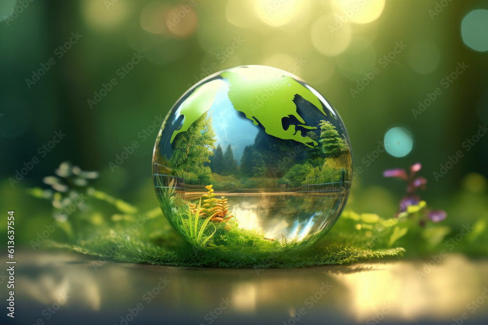 biro of a glass green planet with eco icons on grass, in the style of light-focused biro of a glass green planet with eco icons on grass, in the style of light-focused