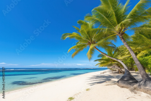 Fototapeta Naklejka Na Ścianę i Meble -  A serene beachscape with pristine white sand, crystal-clear turquoise water, and palm trees swaying in the gentle breeze, inviting relaxation and escape