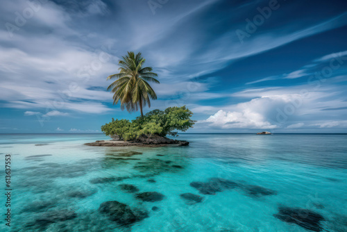 A serene beachscape with pristine white sand, crystal-clear turquoise water, and palm trees swaying in the gentle breeze, inviting relaxation and escape © Matthias
