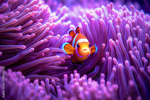 Billede på lærred An underwater close-up of a colorful clownfish nestled among the tentacles of a