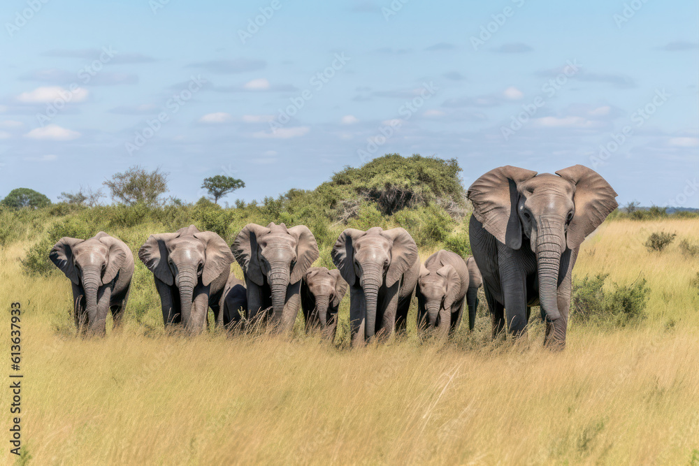 A majestic herd of elephants walking across the savannah, symbolizing the beauty and grandeur of African wildlife