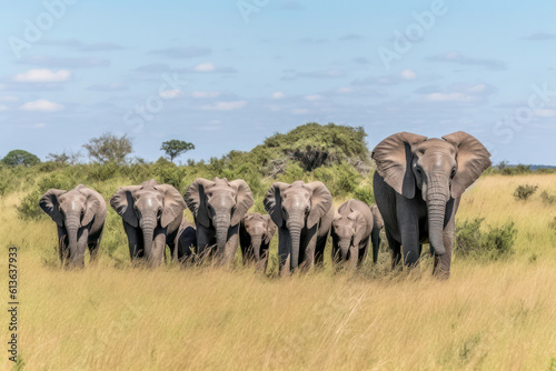 A majestic herd of elephants walking across the savannah  symbolizing the beauty and grandeur of African wildlife