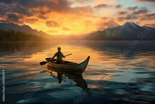 Woman girl on a canoe, kayak in the sea, ocean, river. Water sports on the background of mountains and summer. generative ai.