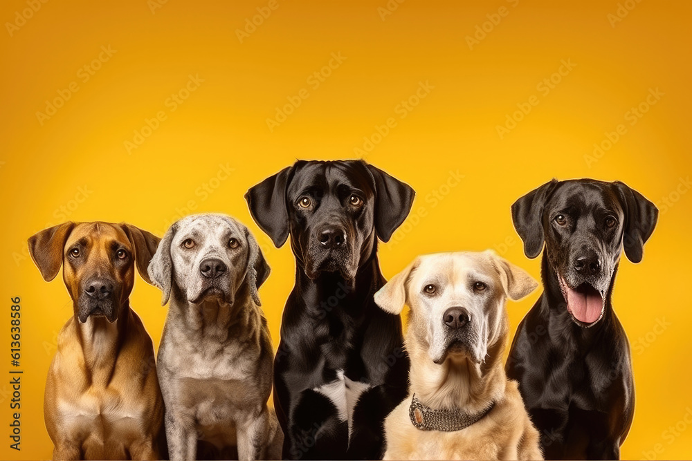 Group of different breeds of dogs on a yellow background