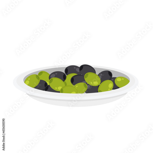 Pickled black and green olives in the plate. Olive in a bowl. Vector Illustration isolated on white background.