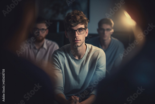Sad depressed man at support group meeting for mental health and addiction issues in anonymous community space