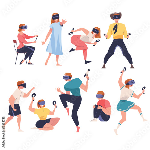Augmented Reality with People Characters in Virtual Reality Glasses Playing Game on Simulator Vector Set