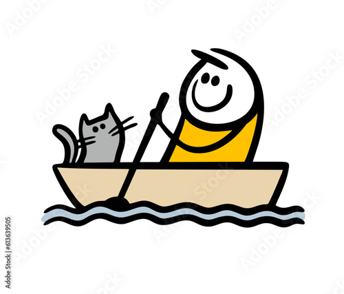 Friendly cat and a stickman owner are floating on the water in a boat. Vector illustration of a pet and a man rowing with an oar. Hand drawn stick figure character isolated on white background.