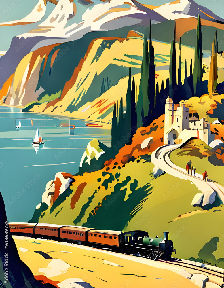 vintage art deco style 1930s railway travel poster with a steam train ...