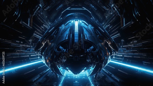 Spaceship, a plasma engine behind with a blue trail, round space gate transportation, bright stars on background. Futuristic sci-fi tech abstract illustration. Generative AI.