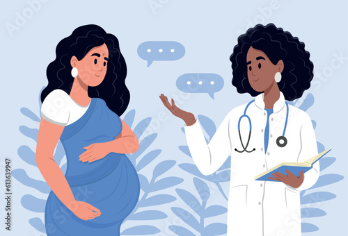 Black female doctor in white medical uniform talking about results or symptoms with Indian pregnant woman.