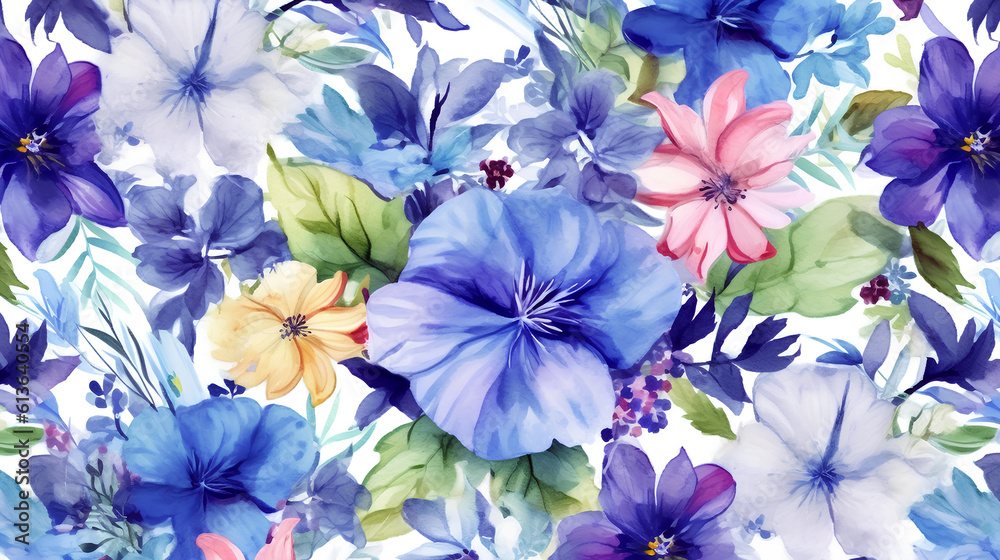 Vintage, retro texture with  blue flowers Watercolor background