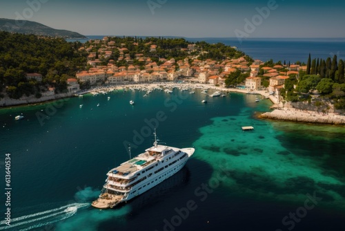 Aerial image of a luxury mega boat moored in the blue harbor of Mali Losinj island in Croatias Adriatic archipelago. Generative AI photo