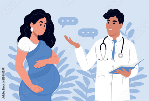 A doctor examines an Indian pregnant woman. Diagnosis and consultation of obstetrician vector illustration flat cartoon isolated.