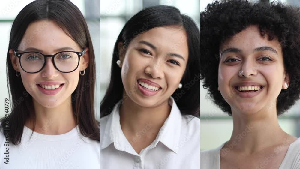 Multi ethnic group of successful confident women office workers professional experts stand in row one after another look at camera. Multi ethnic group of successful confident women office workers professional experts stand in row one after another look at camera.