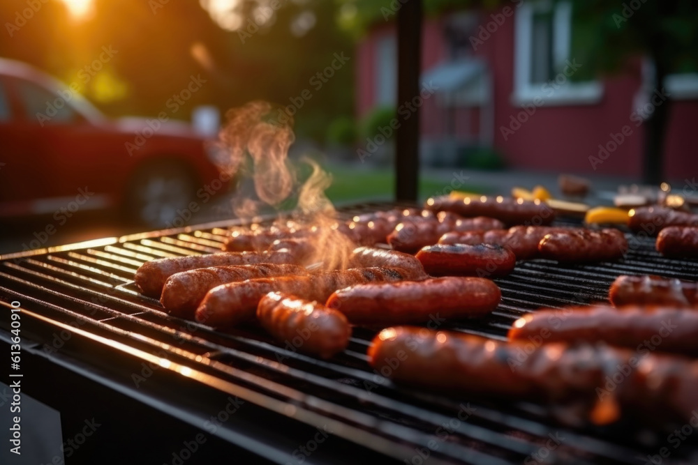 Closeup of grilled sausages on a bbq grid. AI generative