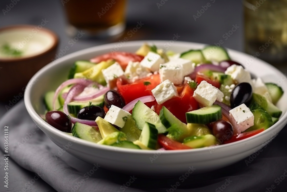 Fresh Greek salad with vegetables and olives on a plate. Generative AI.