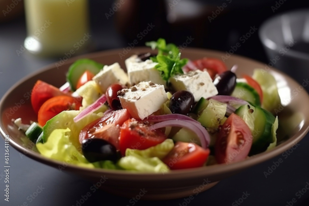 Fresh Greek salad with vegetables and olives on a plate. Generative AI.
