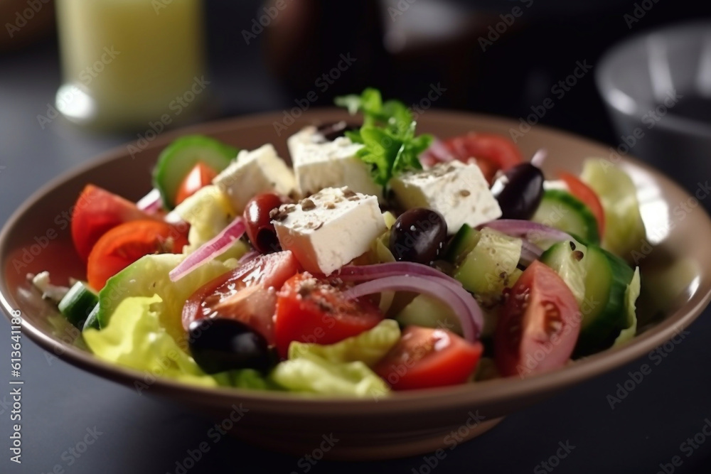 Fresh Greek salad with vegetables and olives on a plate. Generative AI. Fresh Greek salad with vegetables and olives on a plate. Generative AI.