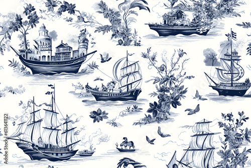 nautical toile de jouy blue and white seamless pattern image photo