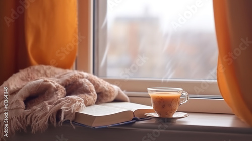 A cup of coffee and a book on a window sill. Generative AI. Autumn vibes, hello Fall.