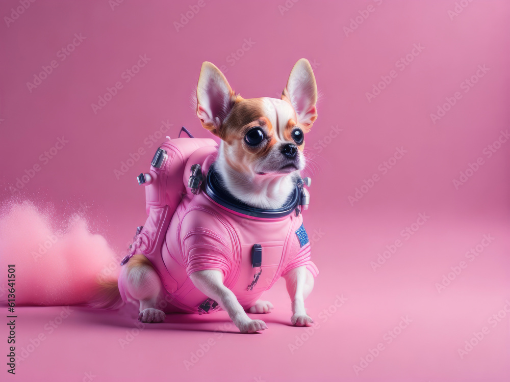 A chihuahua dog in astronaut costume on pink background. ai generative