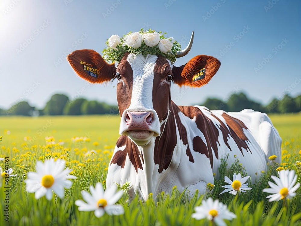 Cute funny cow in spring wearing white flowers. ai generative