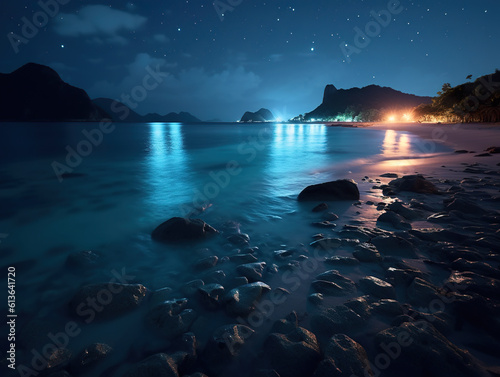 A beach at night with rocks in the water. Generative AI.
