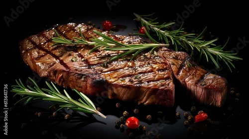 beef rib steak with chilli on black background