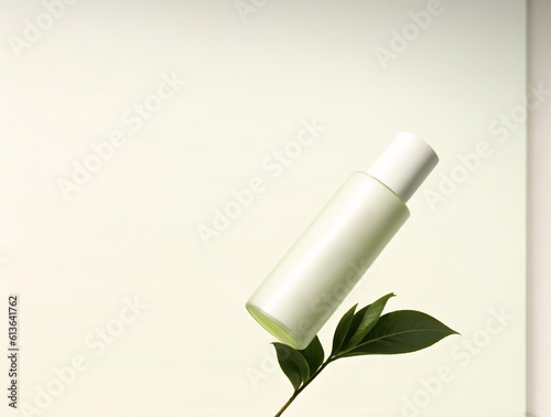 Lotion bottle with leaf mockup. Created with Generative AI Technology.  