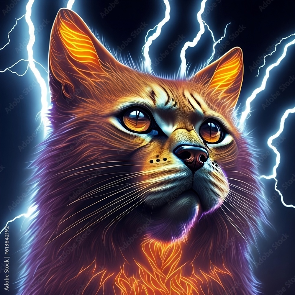 majestic golden cat surrounded by an electrifying background of lightning.