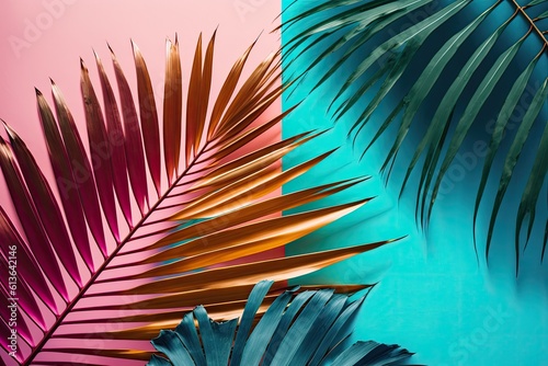 Exotic painted tropical palm fronds against a vibrantly colored tropical background. A minimalistic summer fashion concept. Lay down. Generative AI