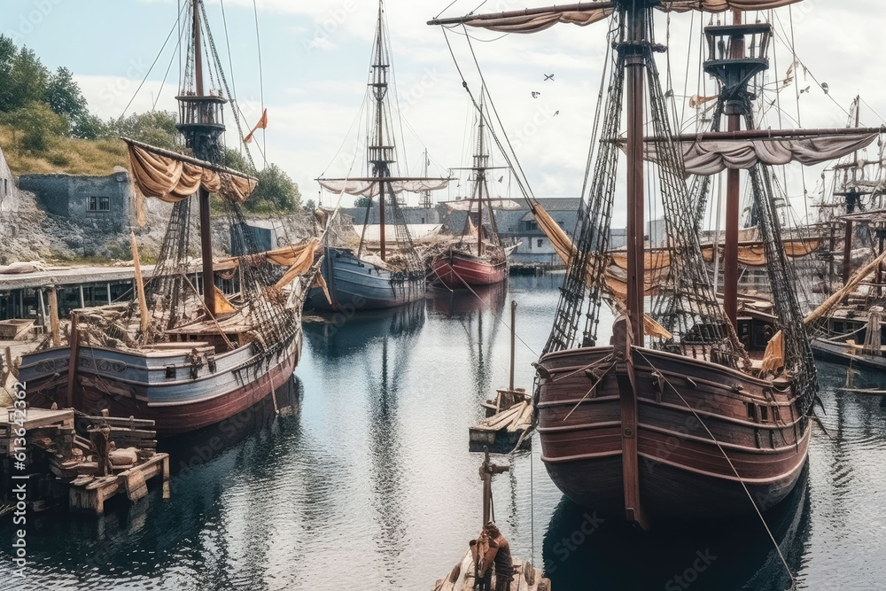 Medieval harbor view, old style sail ships and old buildings. Generative AI.