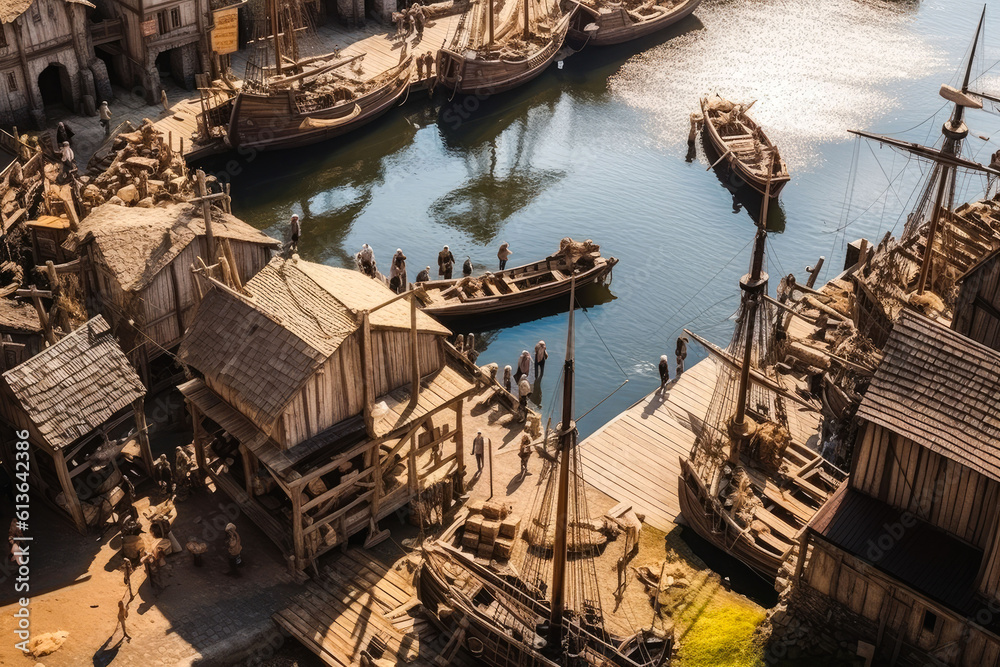 Medieval harbor view from above, old style sail ships and old buildings. Generative AI. Medieval harbor view from above, old style sail ships and old buildings. Generative AI.