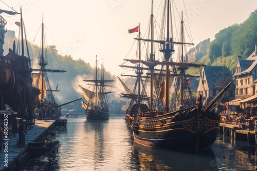 Medieval harbor view, old style sail ships and old buildings. Generative AI.