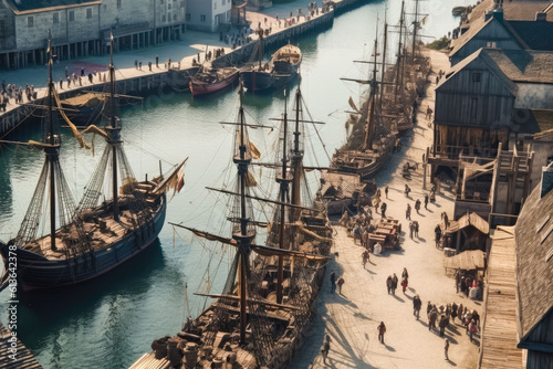 Medieval harbor view from above, old style sail ships and old buildings. Generative AI.