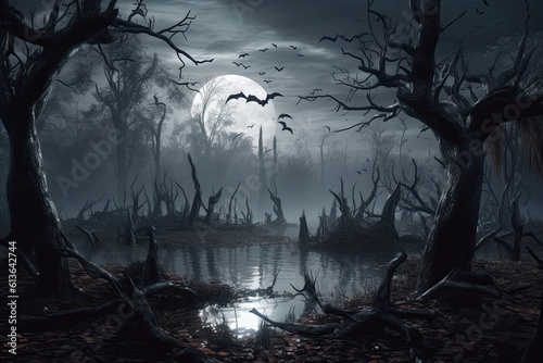 nocturnal swamp with bats in flight. Generative AI