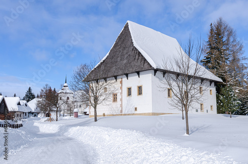 An old village completely covered in snow. Beautiful winter scenery with majestic house in front. © Jan