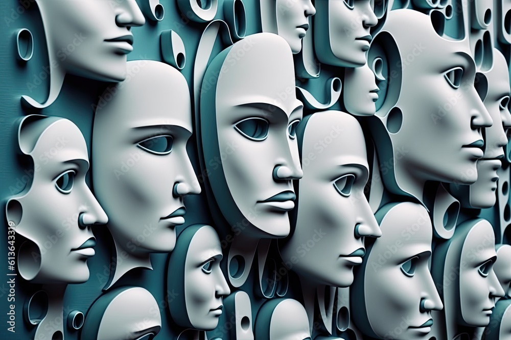 wall covered in white mannequins with human faces. Generative AI Stock