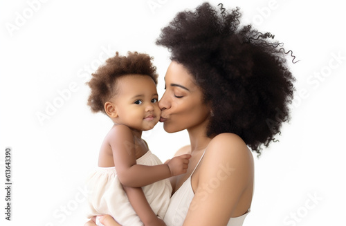 Black family by mother with cute child. Mommy little kid isolated on white background studio portrait. Mother's Day love family parenthood childhood concept