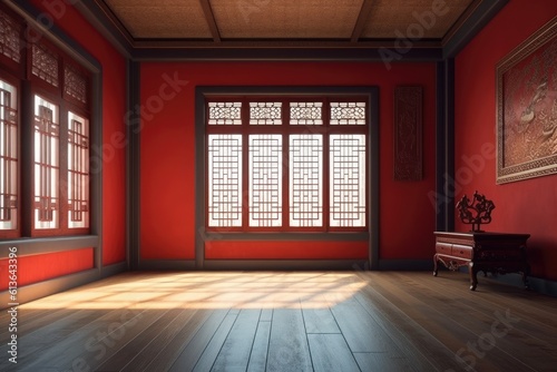 an Empty Room with Striking Red Walls and Wooden Floors. Generative AI