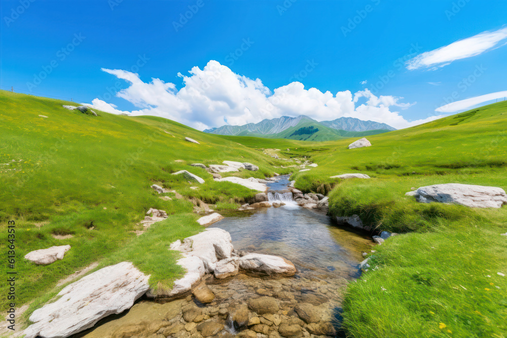 A serene mountain landscape with a cascading waterfall, lush greenery, and clear blue skies, capturing the idyllic beauty of untouched nature A serene mountain landscape with a cascading waterfall, lush greenery, and clear blue skies, capturing the idyllic beauty of untouched nature