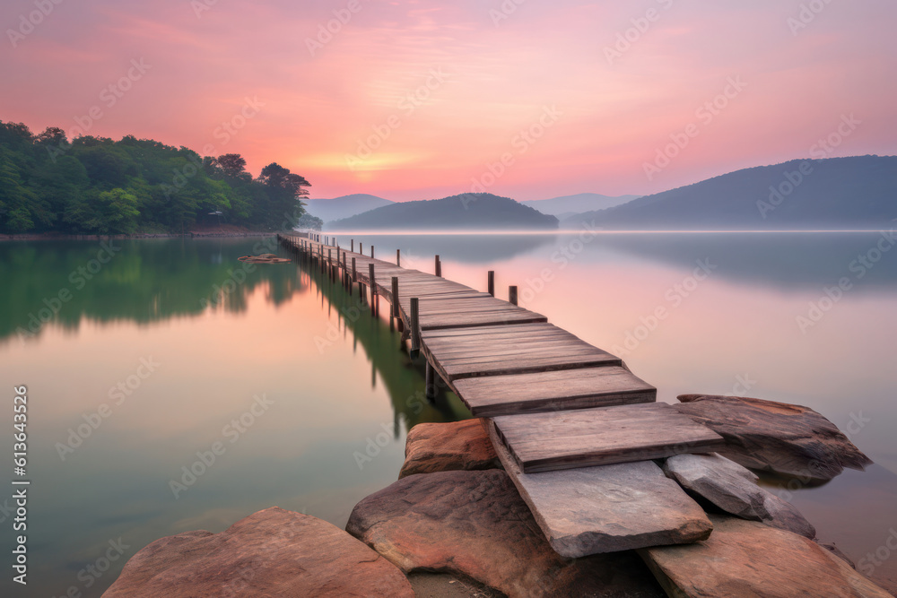 A serene sunset over a peaceful lake, with soft pastel colors and a sense of calmness, creating a soothing and contemplative mood