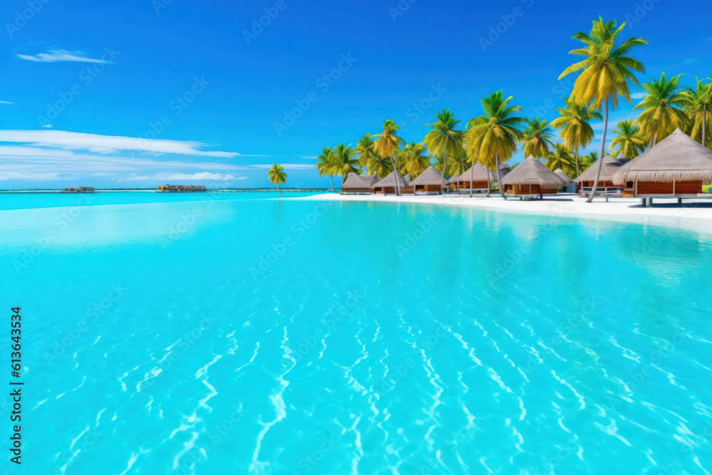 Fototapeta premium A breathtaking view of a remote tropical island with pristine white sand beaches, crystal-clear turquoise water, and swaying palm trees, invoking a sense of paradise and relaxation